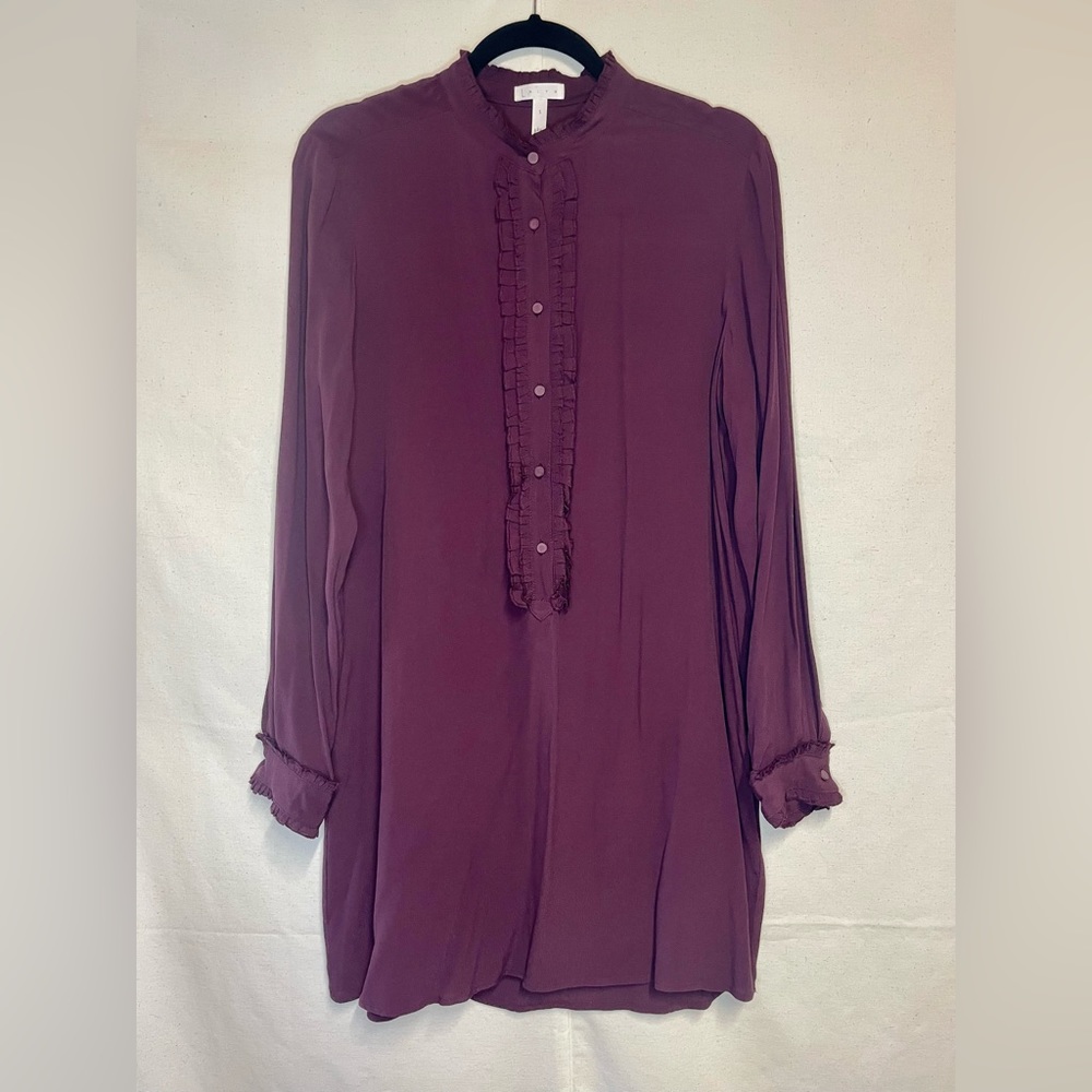 Leith Plum Purple Ruffle Trim Mock Neck Long Sleeve Shift Mini Dress Small